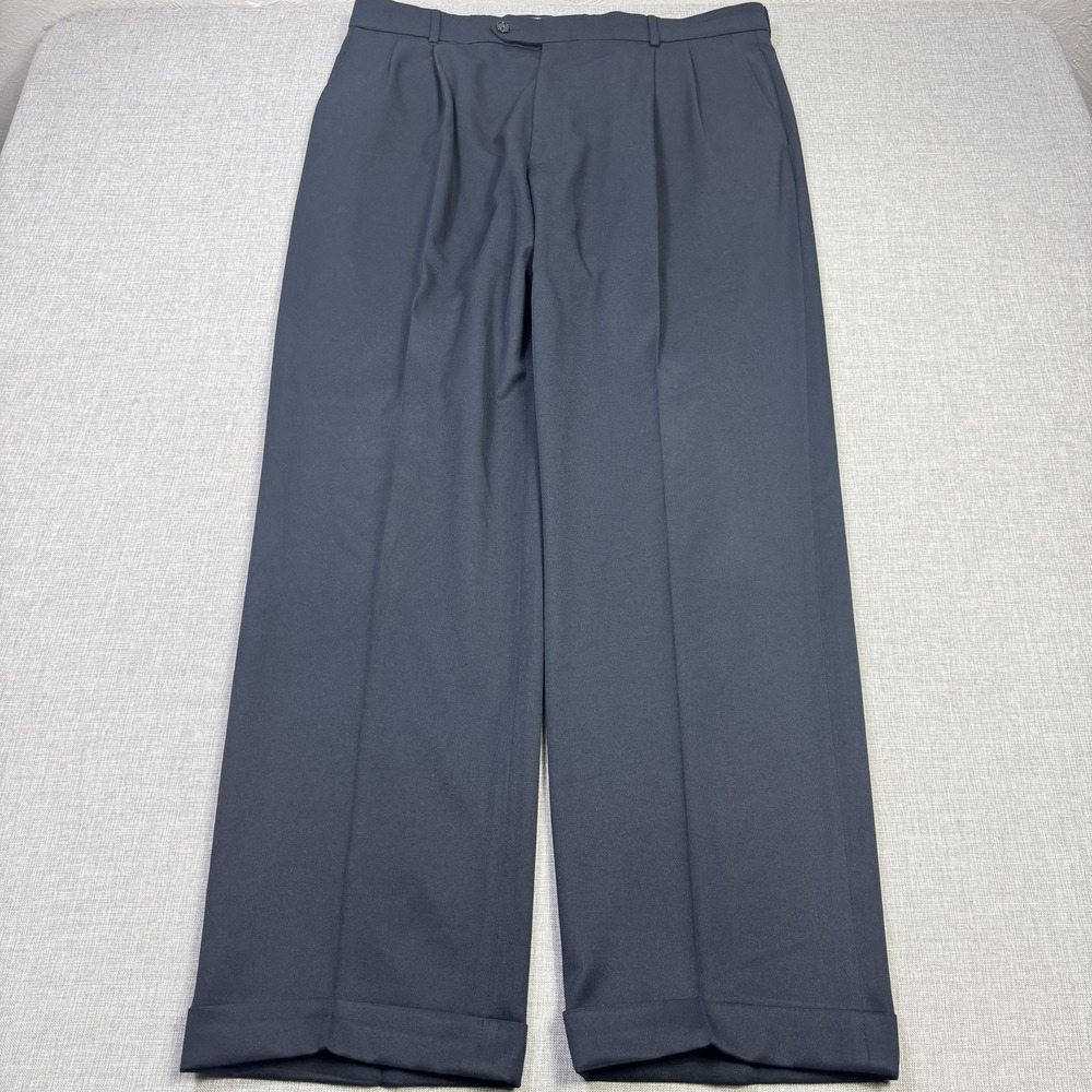 MAUS & HOFFMAN Dress Pants Mens 38x32 Blue Pleated Classic Microfiber Cuffed